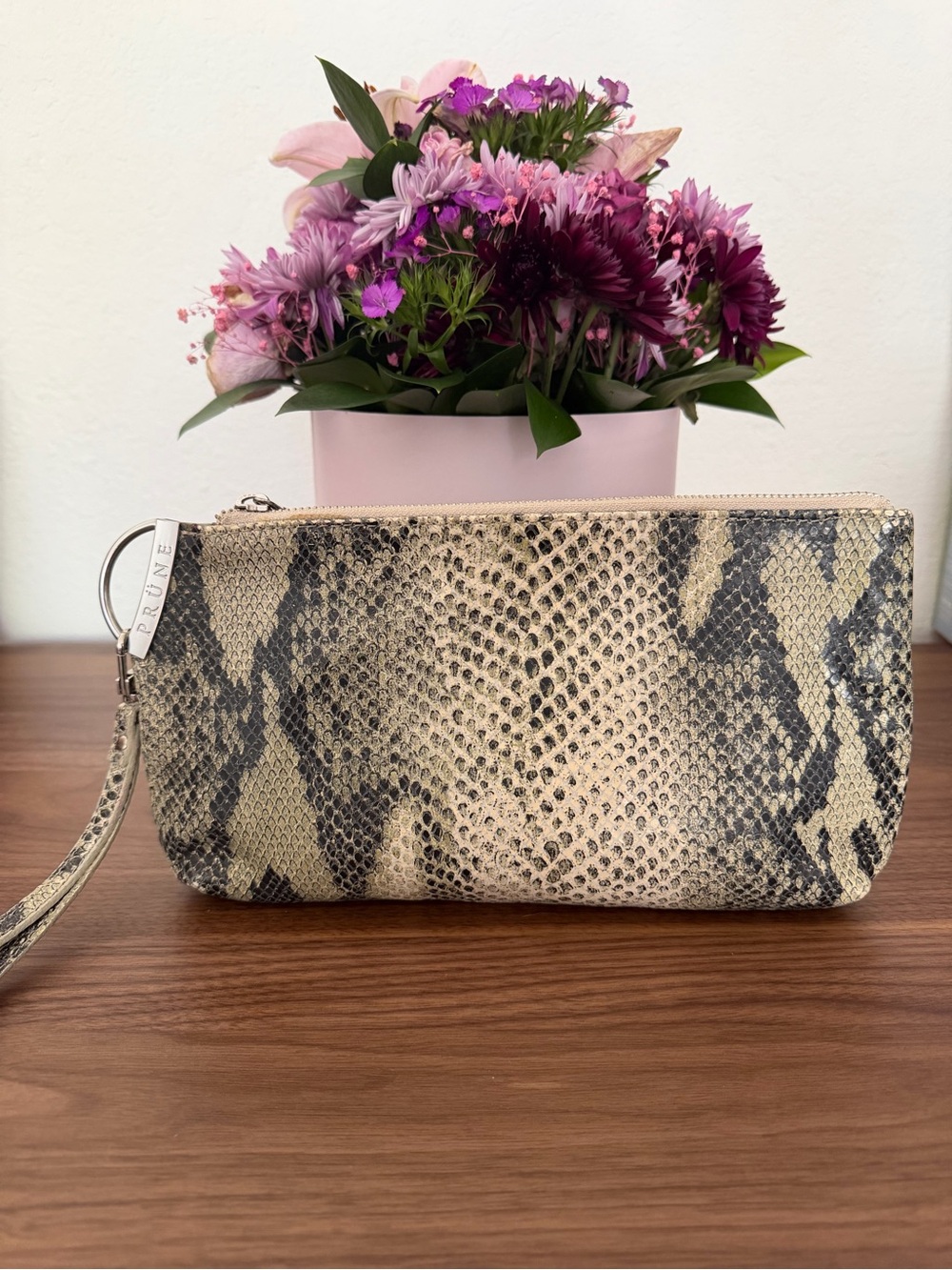 PRUNE Leather Snakeskin Wristlet Clutch in Beige and Black